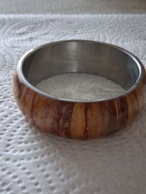 Wood-Inlay Dome Bangle Bracelet in Brown and Gold Tones